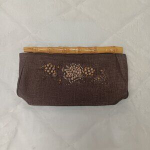 brown beaded clutch with faux bamboo snap closure